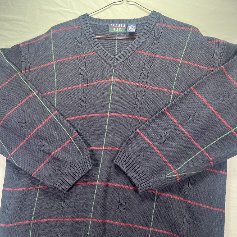 Vintage Grandpa Sweater Mens XL Blue Cable Knit Heavy Cotton Trader Bay 90s